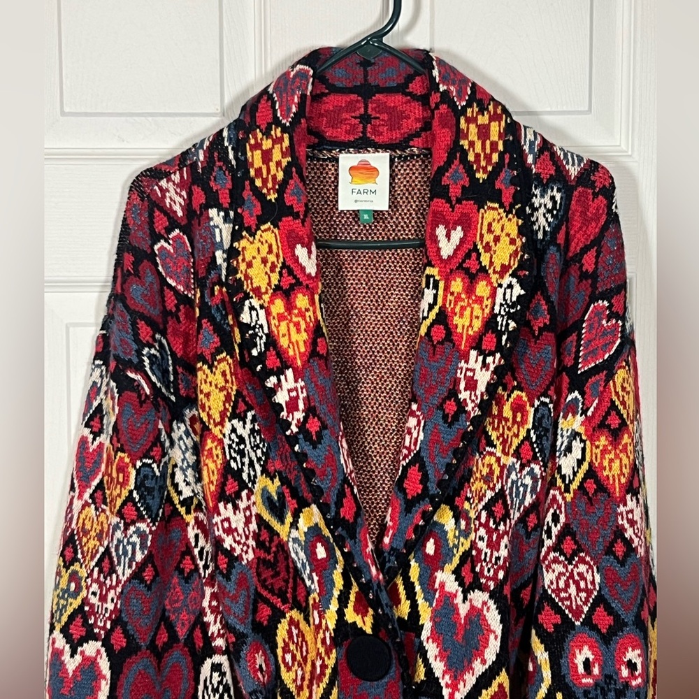 🦄 Farm Rio Heart Jacquard Belted Cardigan Jacket XL Statement Boho Knit - Picture 2 of 7